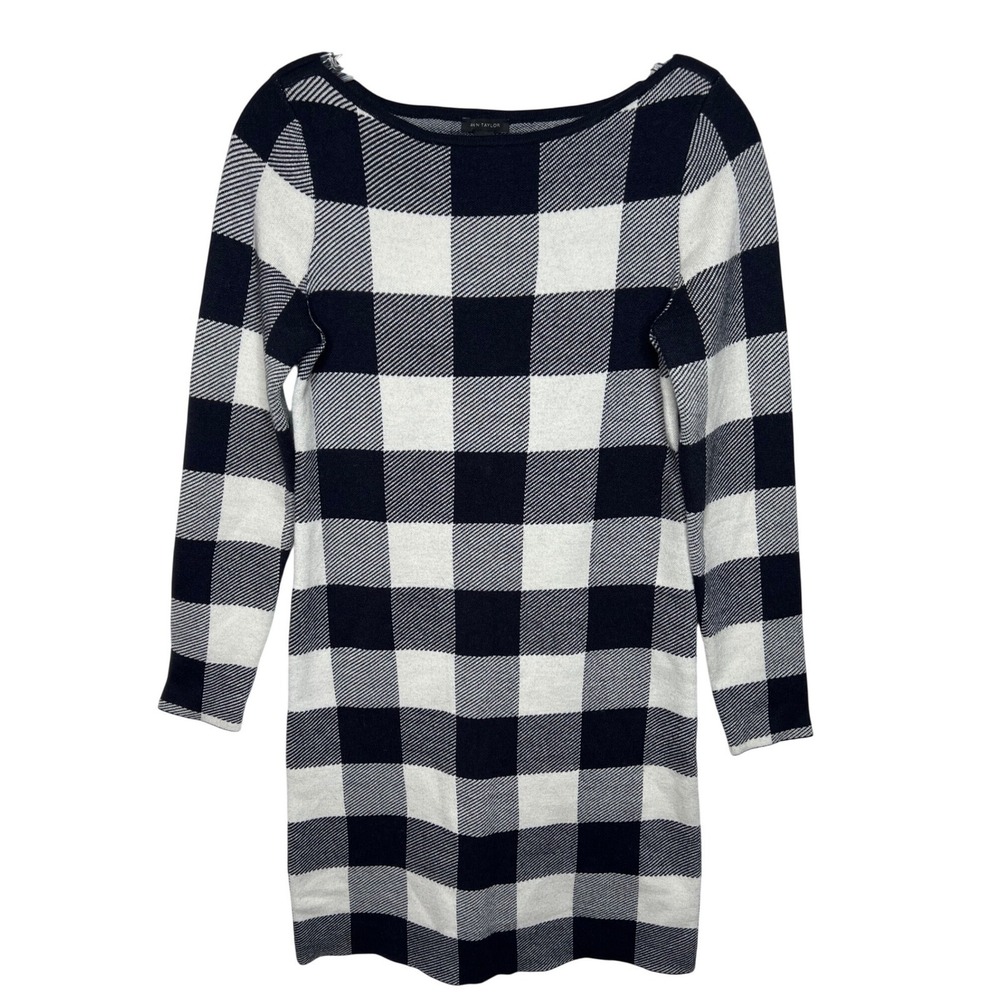 Ann Taylor Womens XS Navy Blue White‎ Buffalo Check Plaid Knit Sweater Dress